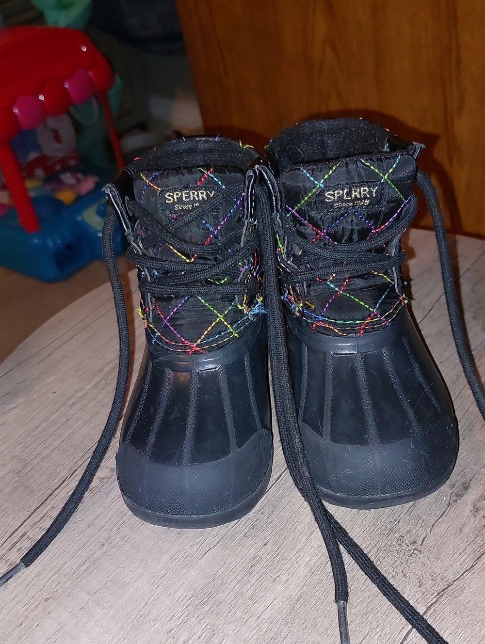 Sperry Black Kids Waterproof Duck Boots with Rainbow Stitching